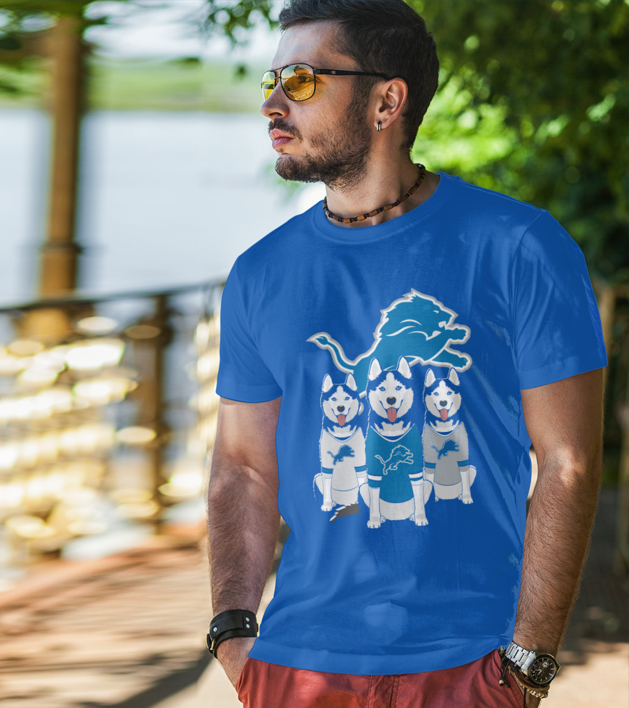 Detroit Lions Husky Trio With Iconic Blue Lion T-Shirt
