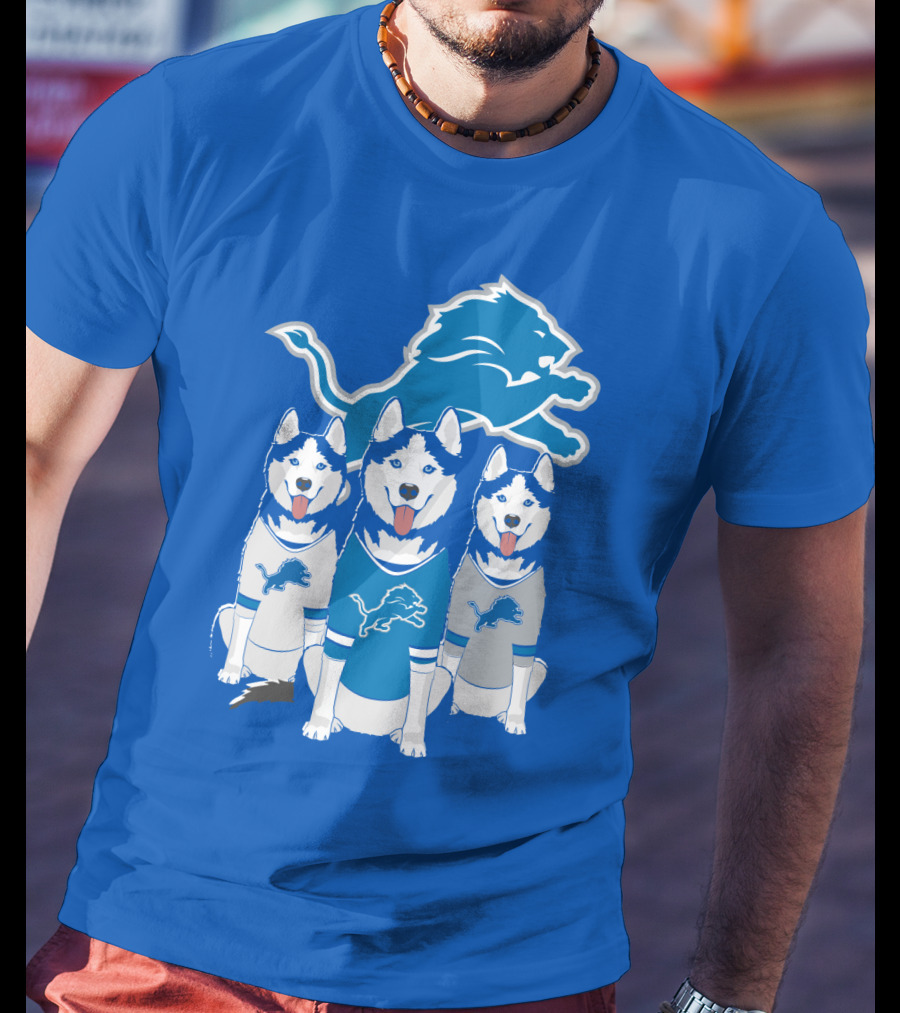 Detroit Lions Husky Trio With Iconic Blue Lion T-Shirt