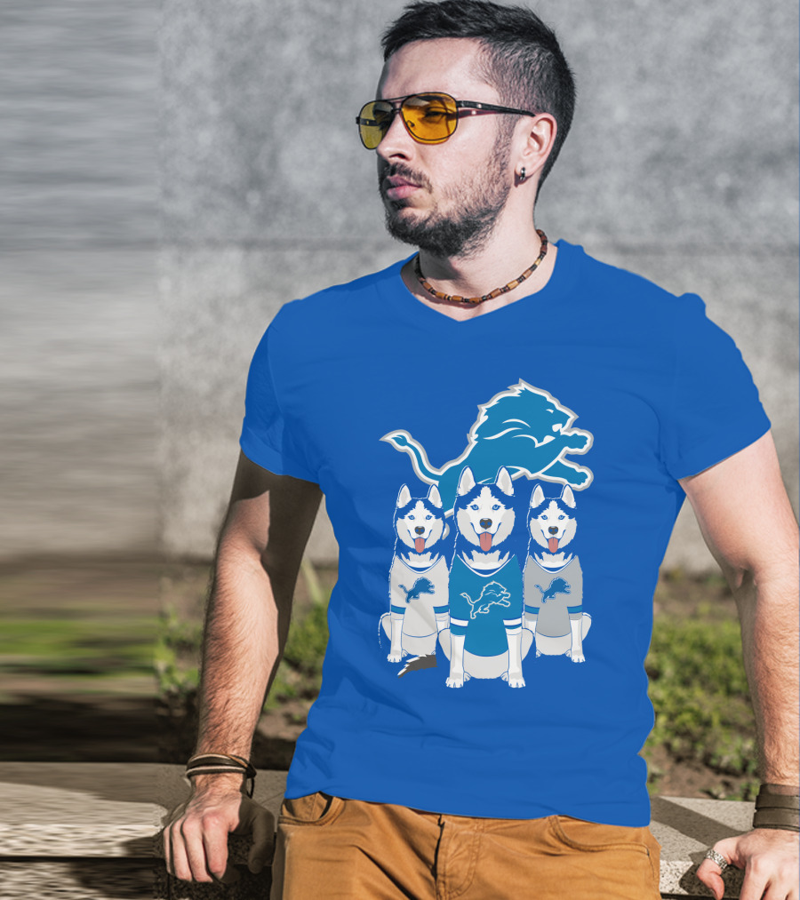 Detroit Lions Husky Trio With Iconic Blue Lion T-Shirt