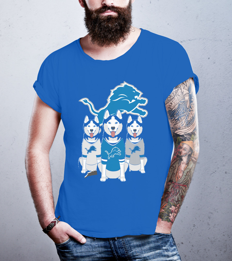 Detroit Lions Husky Trio With Iconic Blue Lion T-Shirt