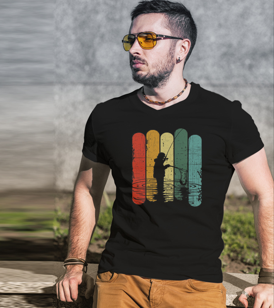Retro Fishing Silhouette With Colorful T-Shirt