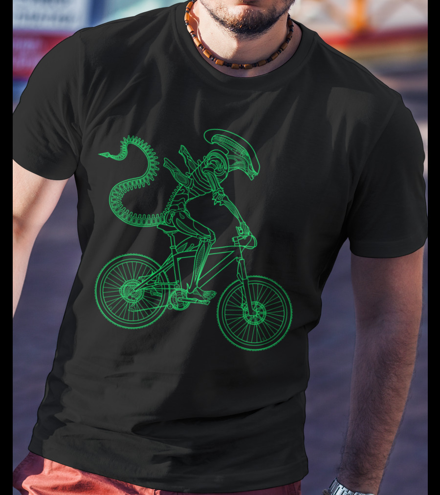Alien Bicycle Rider Neon Green Xenomorph Outline T-Shirt