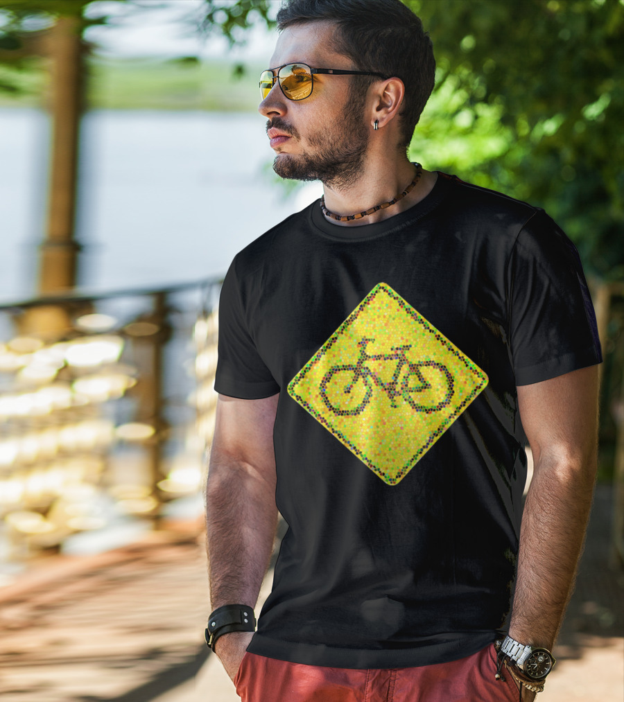 Bike Road Sign Mosaic Style Circular Dots T-Shirt