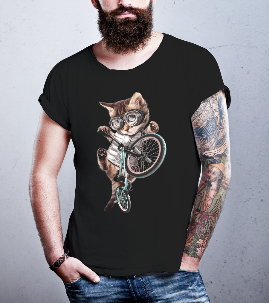 BMX Cat With Glasses Performing Trick On Bicycle T-Shirt