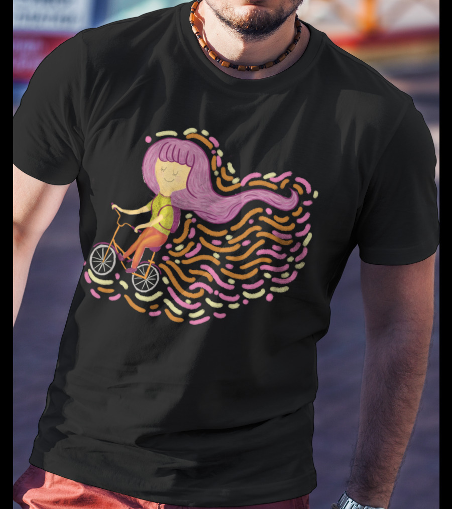 Claire Riding Bicycle With Flowing Pink Hair And Colorful Trails T-Shirt