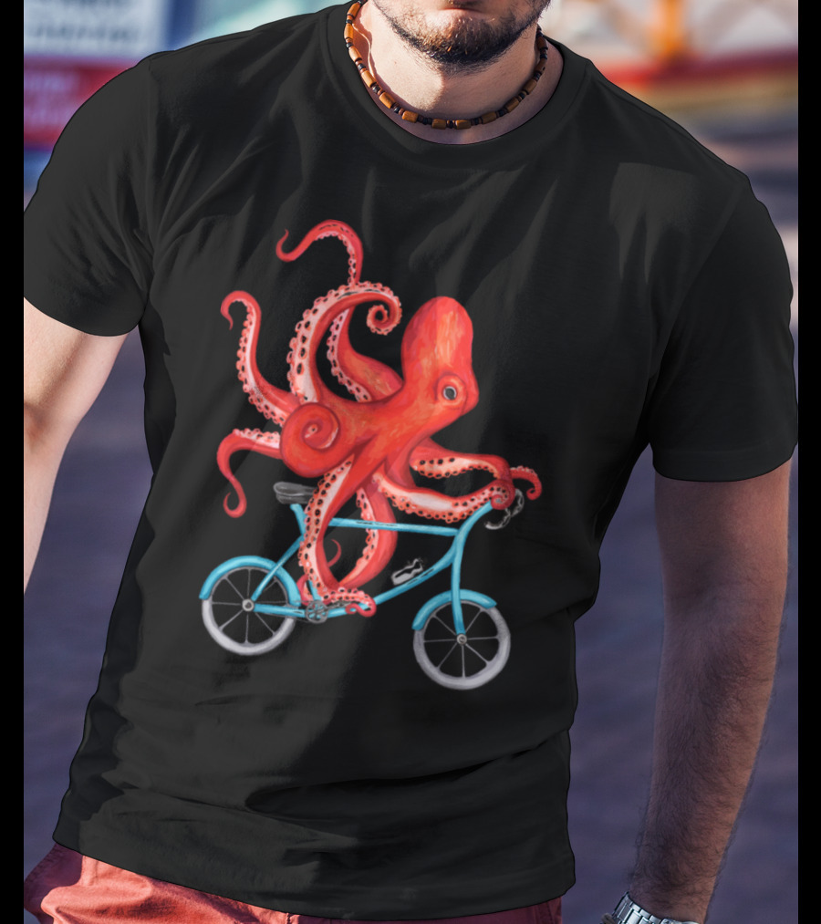 Cycling Octopus On Blue Bicycle T-Shirt