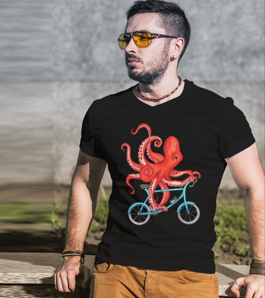 Cycling Octopus On Blue Bicycle T-Shirt