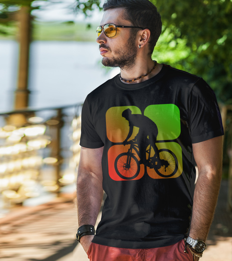 Cyclist Mountainbiker Silhouette On Gradient Quadrant Background T-Shirt