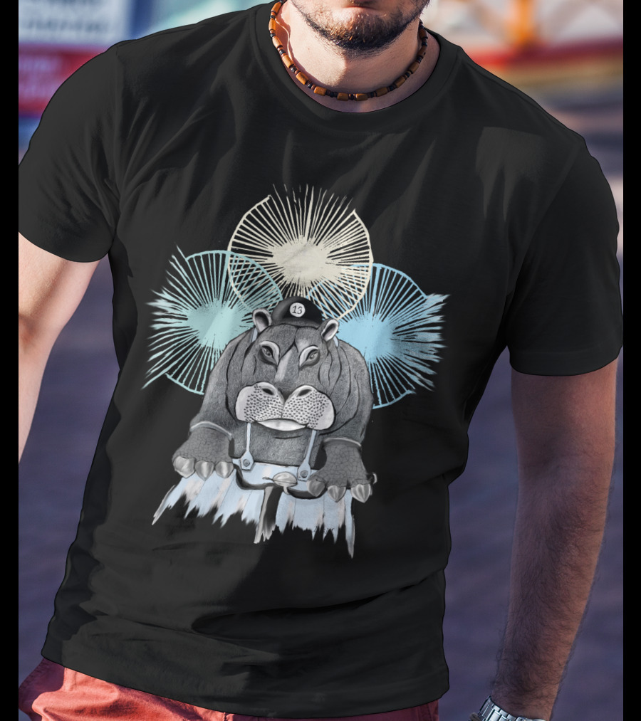 Hippo With Cap Number 13 Riding A Bike With Radiant Starburst Background T-Shirt