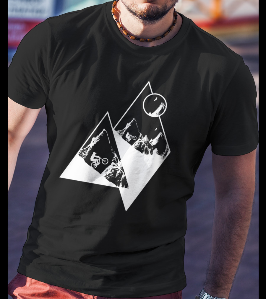 MTB Cyclist On White Mountain Peaks With Moon In Geometric T-Shirt