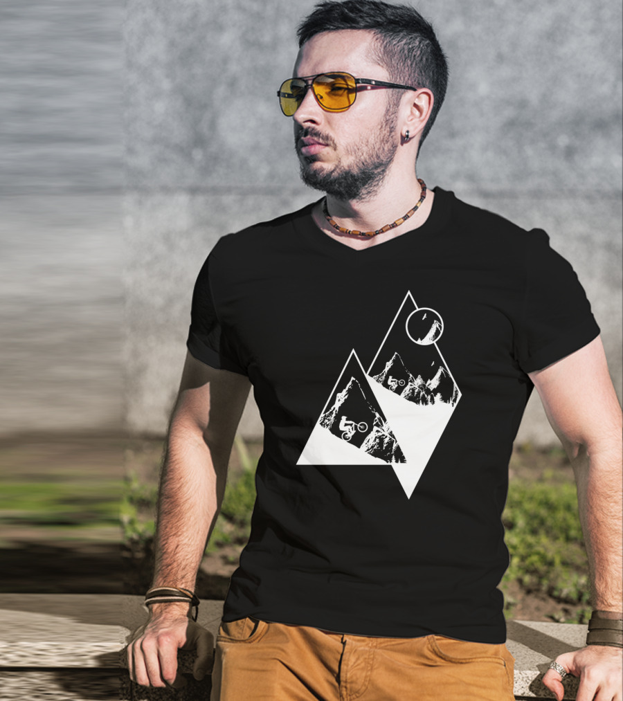 MTB Cyclist On White Mountain Peaks With Moon In Geometric T-Shirt