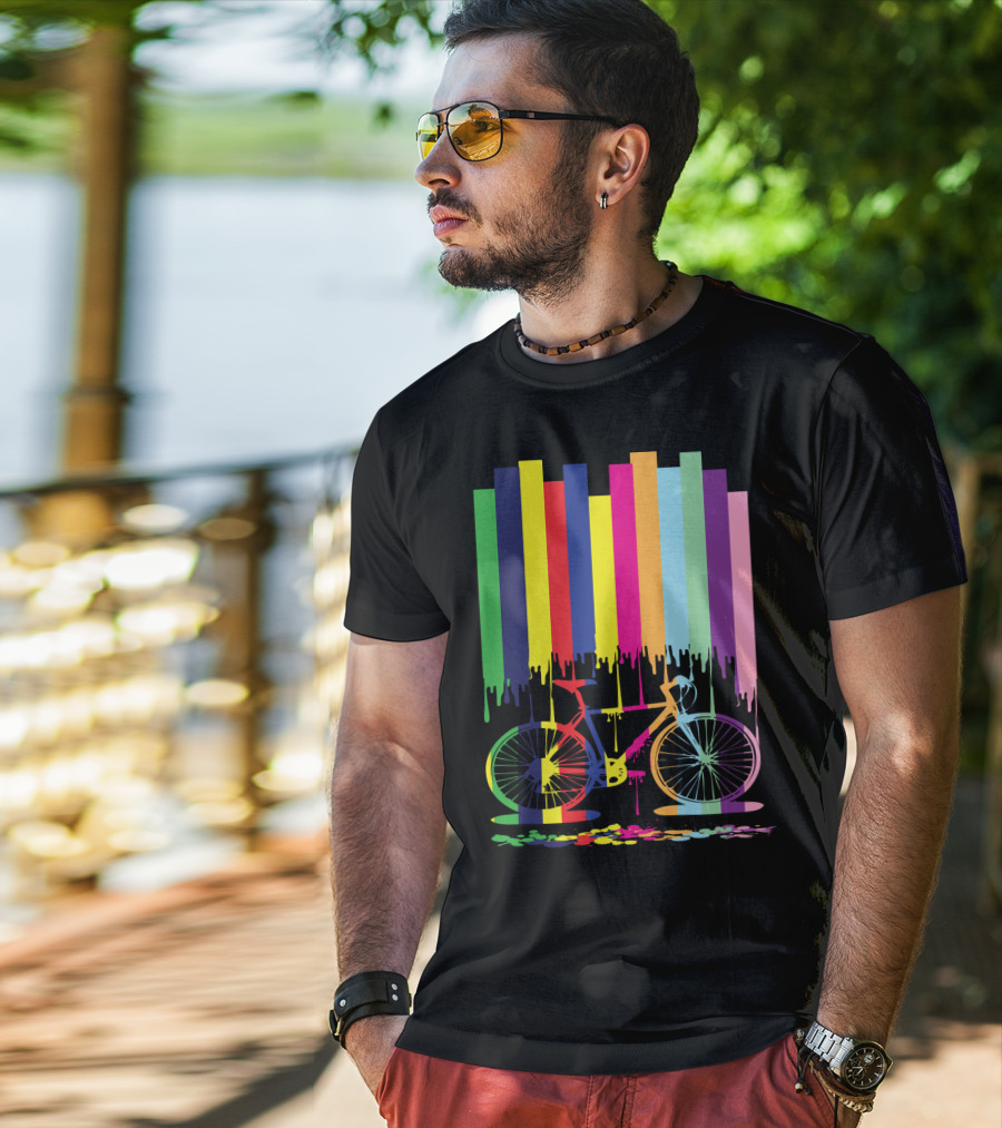 Rainbow Bicycle Dripping Paint Stripes T-Shirt