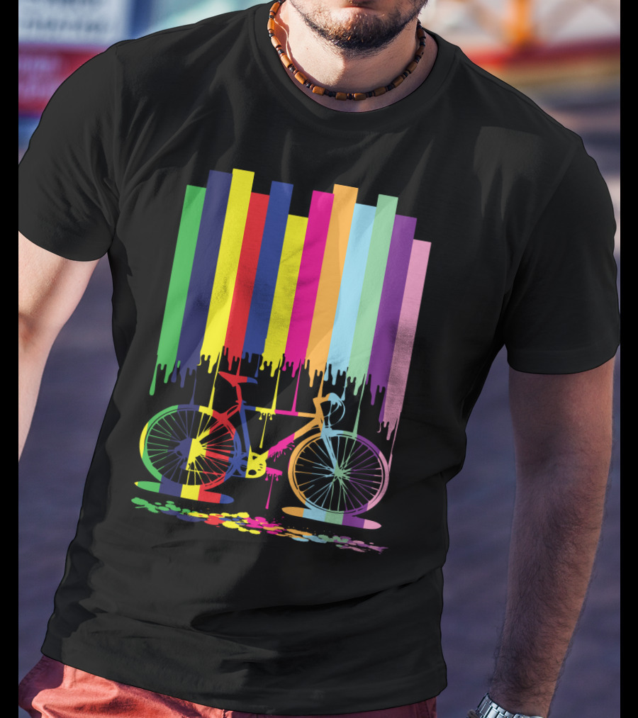 Rainbow Bicycle Dripping Paint Stripes T-Shirt