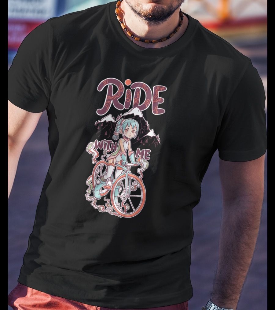 RIDE WITH ME Manga Style Biking Adventure With Blue-Haired Anime Character And Mountain Background T-Shirt