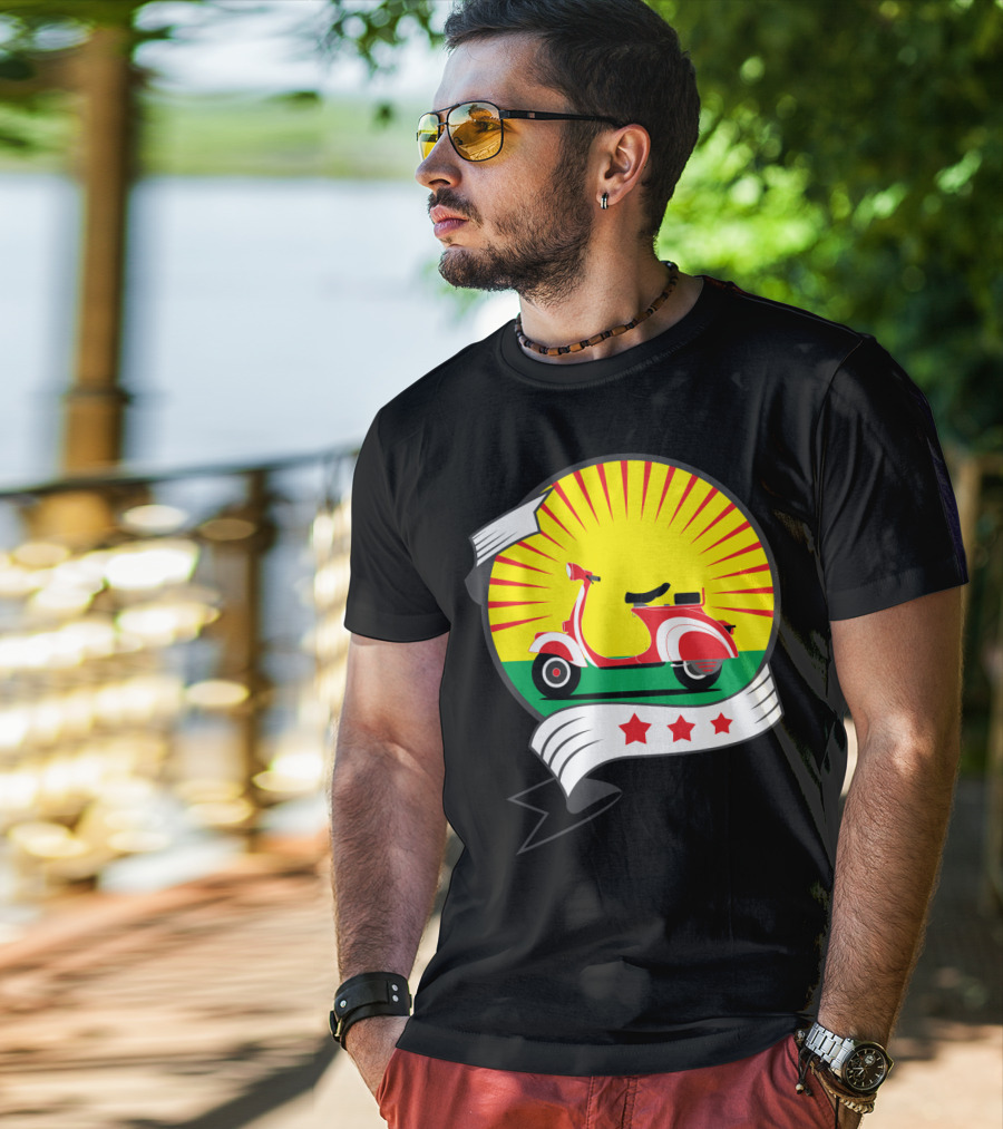 Vintage Red Scooter Sunburst Three Star Emblem T-Shirt