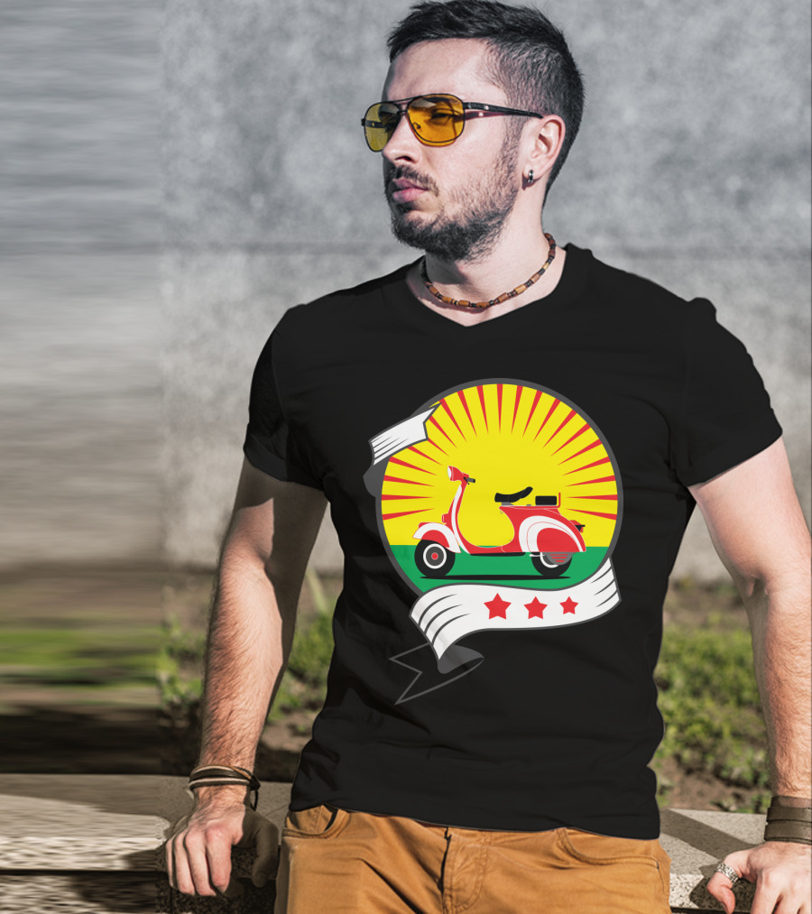 Vintage Red Scooter Sunburst Three Star Emblem T-Shirt