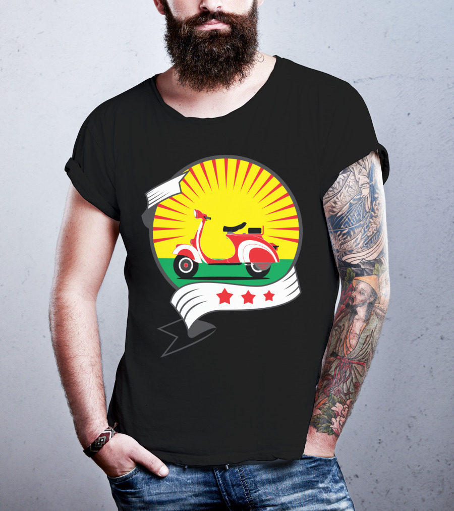 Vintage Red Scooter Sunburst Three Star Emblem T-Shirt