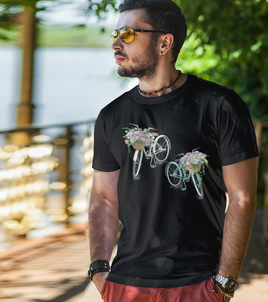 Vintage Bicycles With Flower Baskets Roses And Daisies T-Shirt