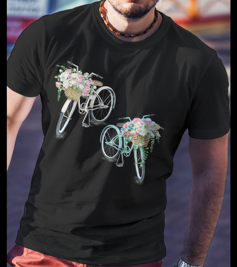 Vintage Bicycles With Flower Baskets Roses And Daisies T-Shirt