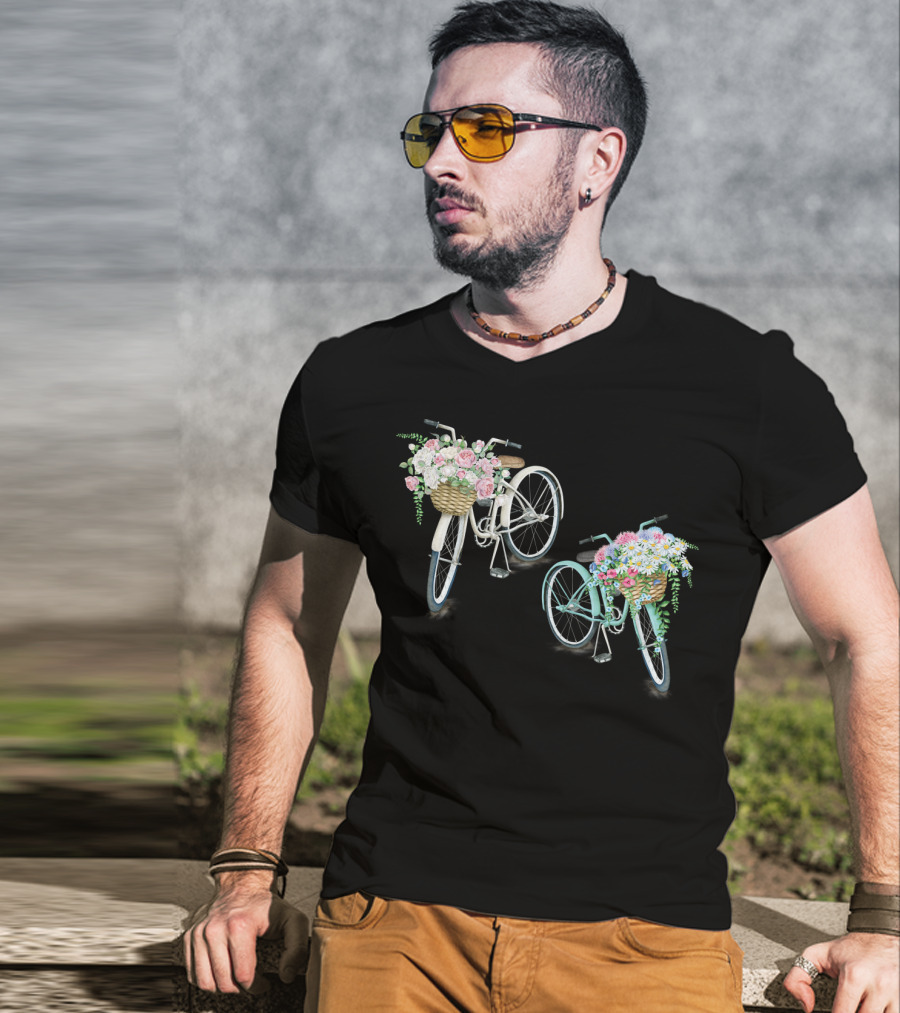 Vintage Bicycles With Flower Baskets Roses And Daisies T-Shirt
