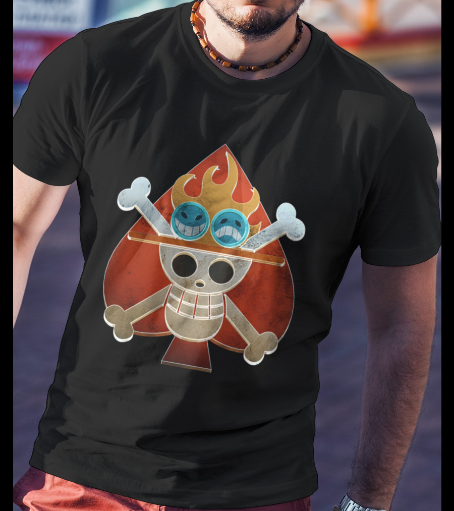 Ace One Piece Spade Pirates Jolly Roger Flame Hat T-Shirt