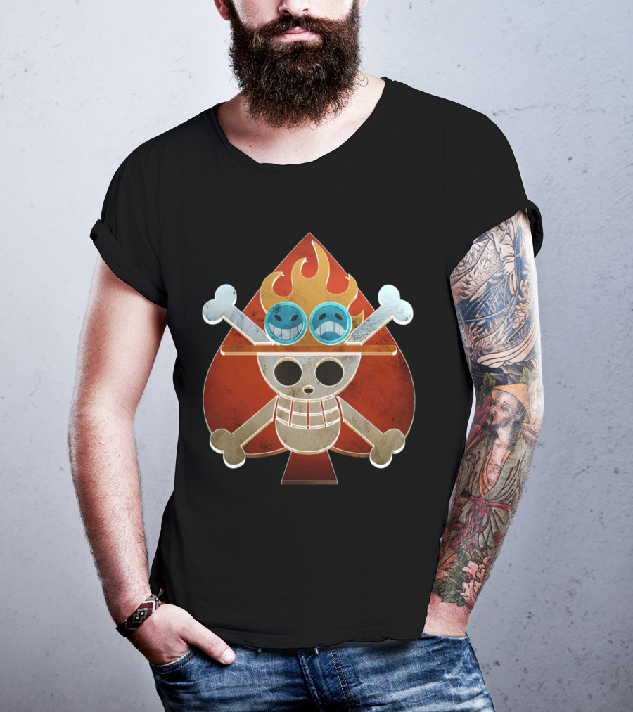 Ace One Piece Spade Pirates Jolly Roger Flame Hat T-Shirt