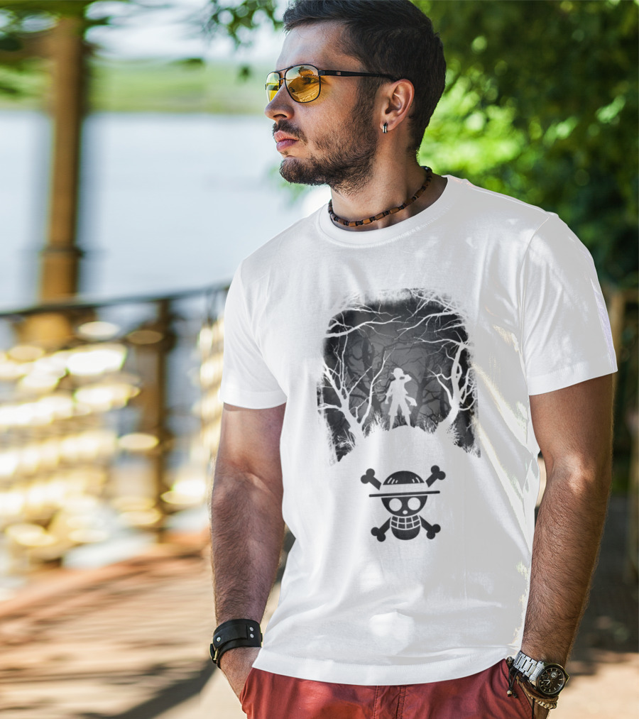 Luffy Silhouette In The Woods With Straw Hat Pirate Skull T-Shirt