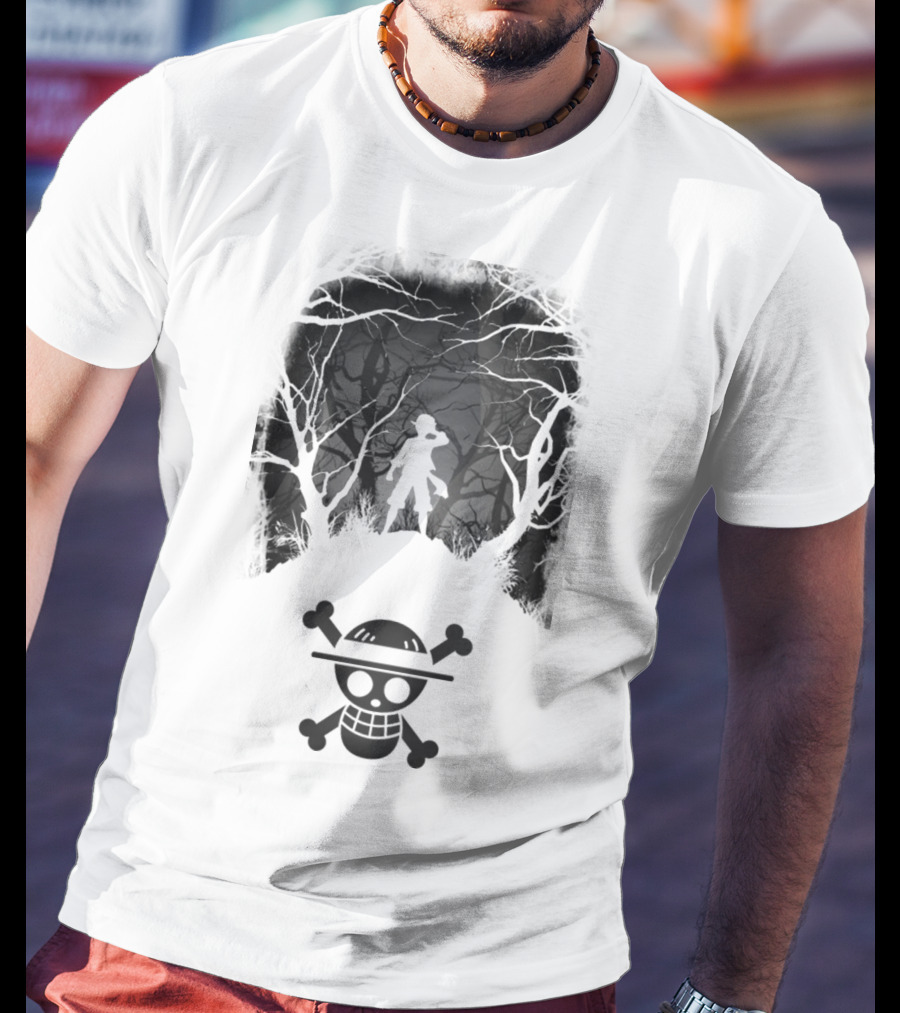 Luffy Silhouette In The Woods With Straw Hat Pirate Skull T-Shirt
