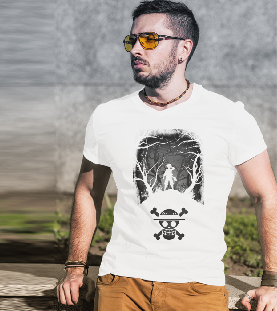 Luffy Silhouette In The Woods With Straw Hat Pirate Skull T-Shirt