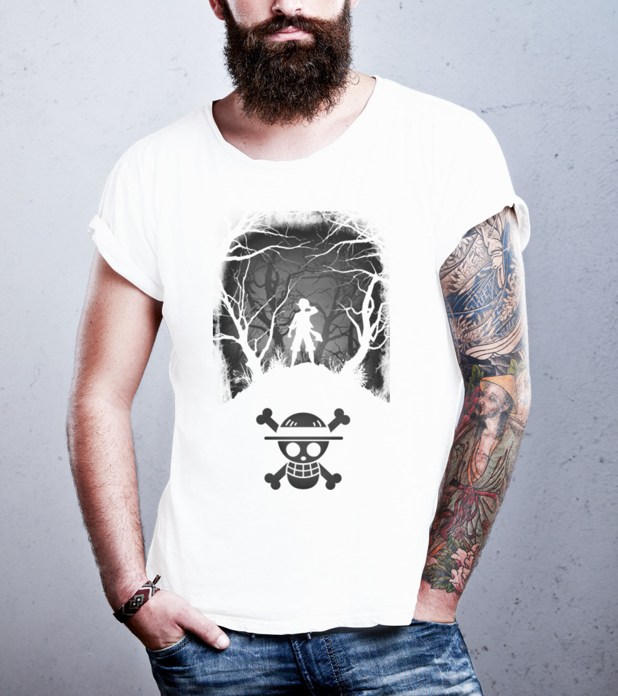 Luffy Silhouette In The Woods With Straw Hat Pirate Skull T-Shirt