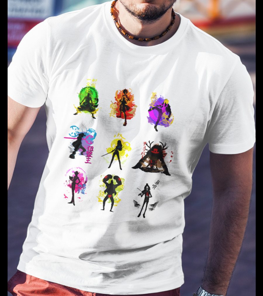 Anime Pirates Straw Hat Crew Silhouettes Japanese Text Colors T-Shirt