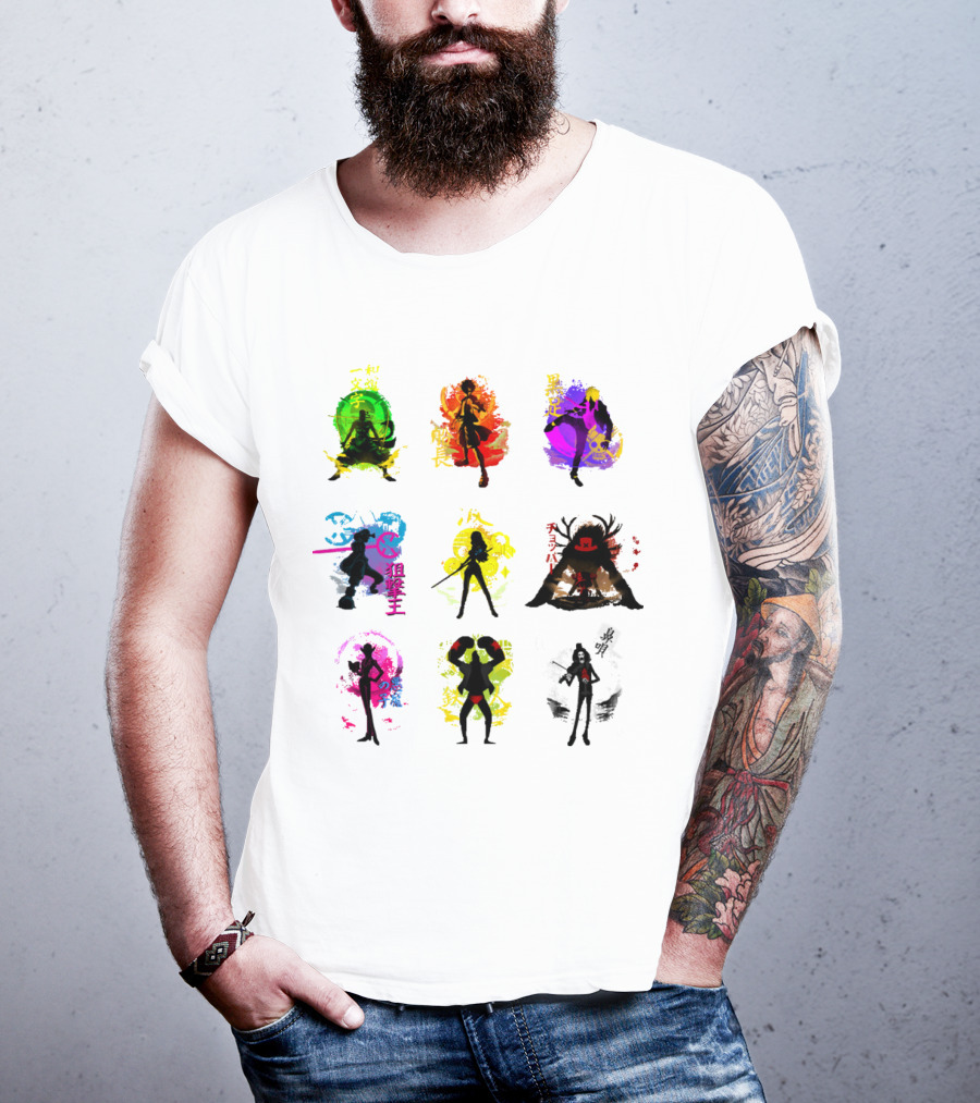 Anime Pirates Straw Hat Crew Silhouettes Japanese Text Colors T-Shirt