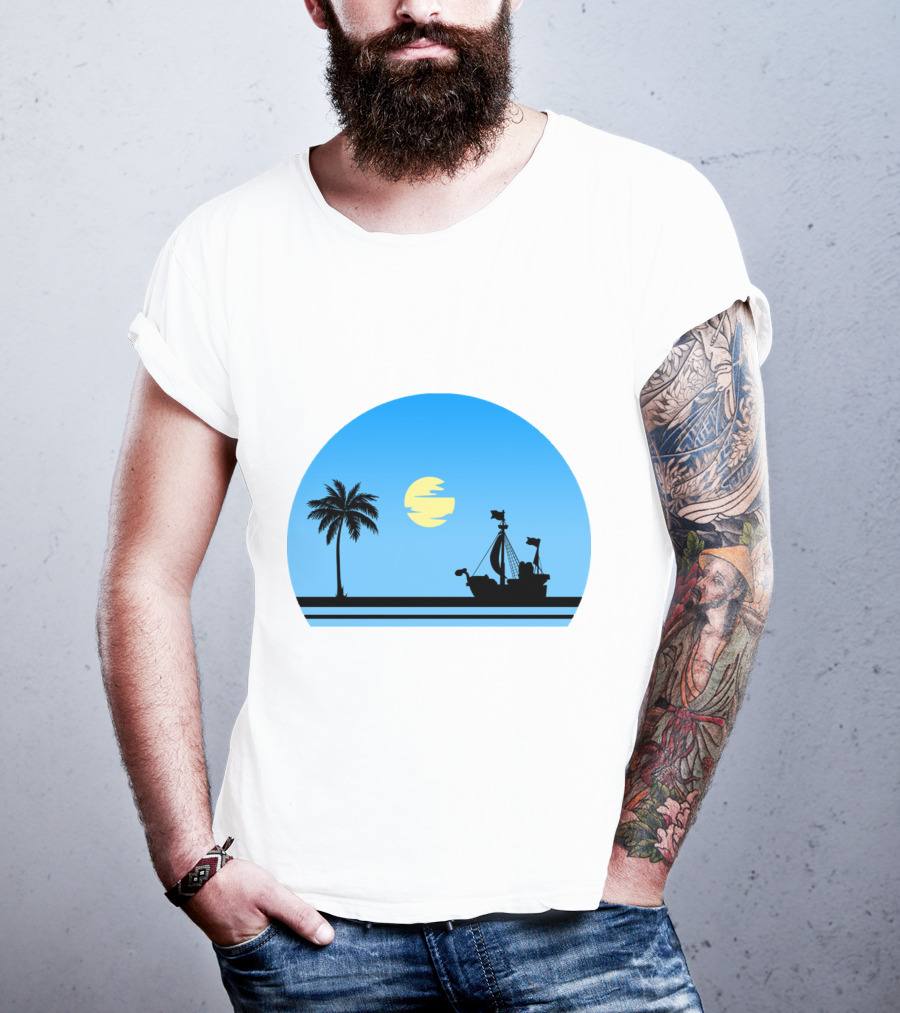 Going Merry Ship Silhouette Sunrise With Palm Tree And Sun T-Shirt
