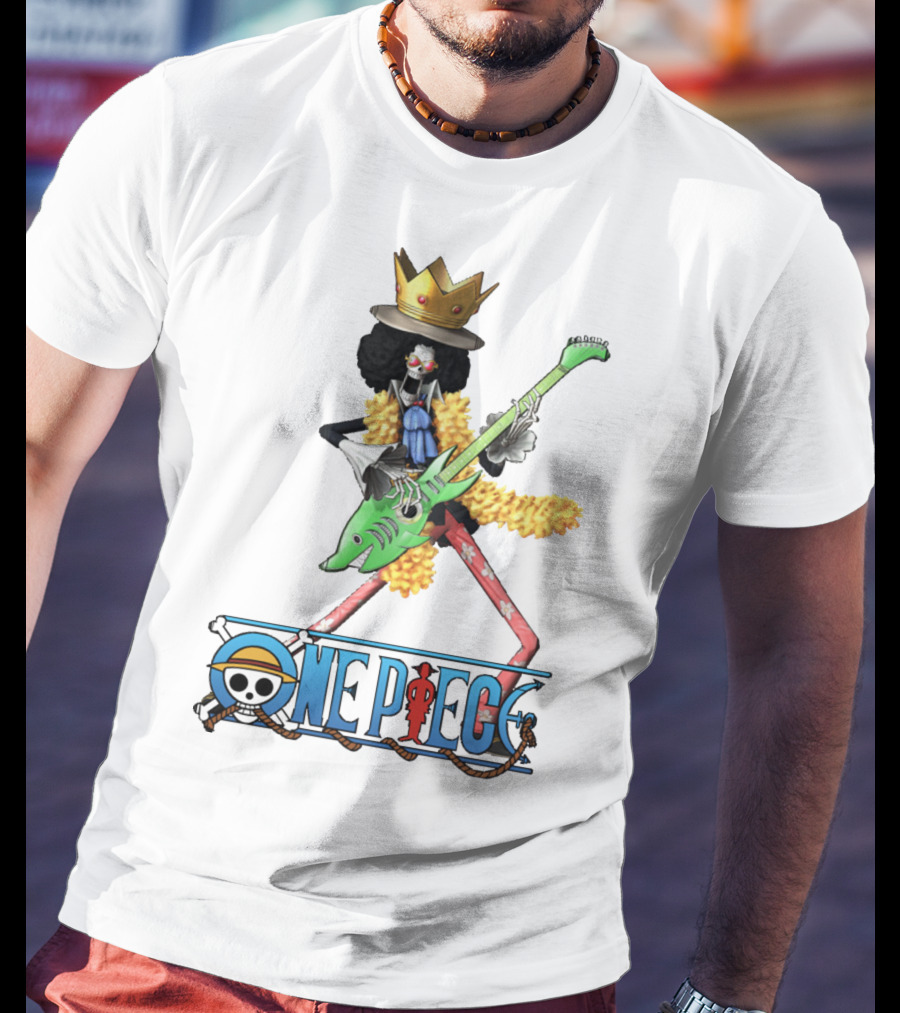 One Piece Brook Playing Guitar With Crown And Yellow Feather Boa T-Shirt