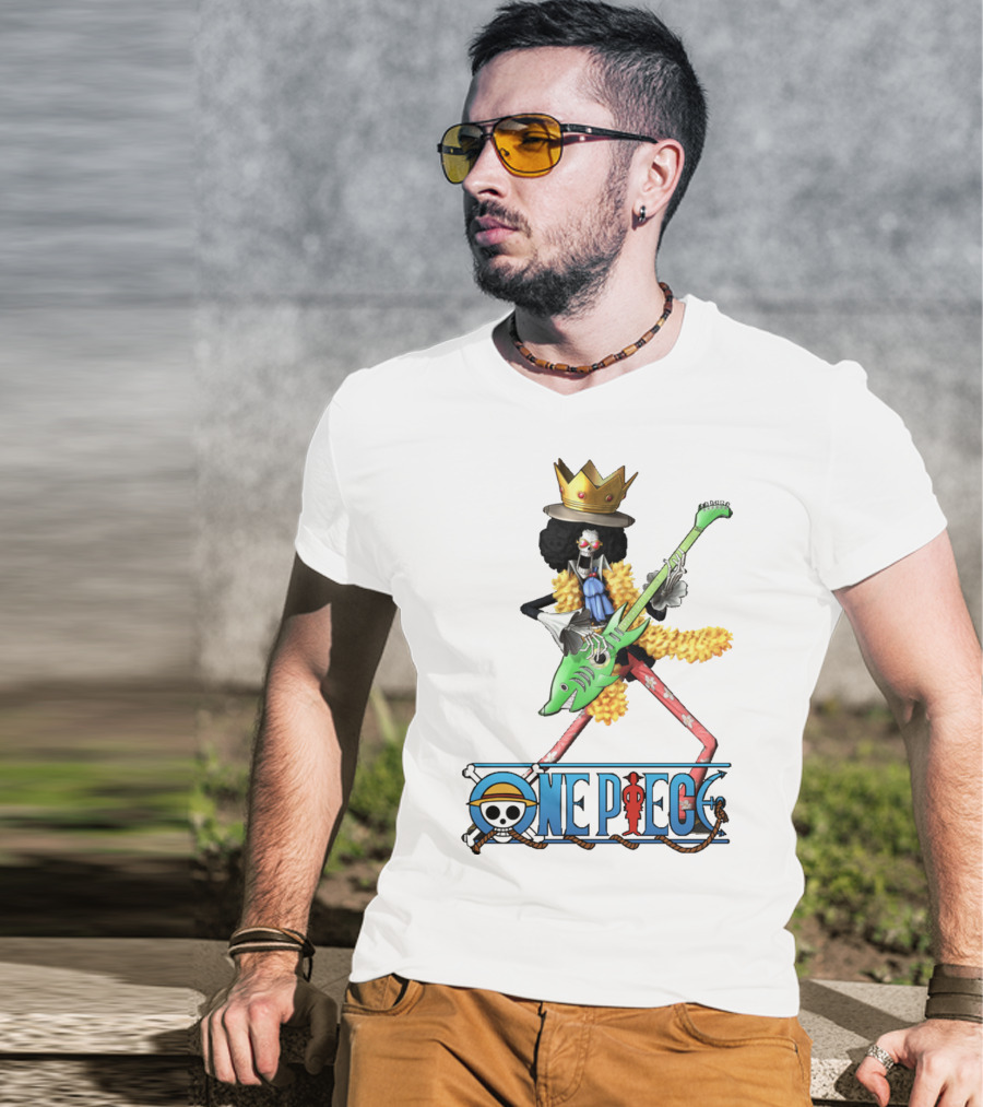 One Piece Brook Playing Guitar With Crown And Yellow Feather Boa T-Shirt