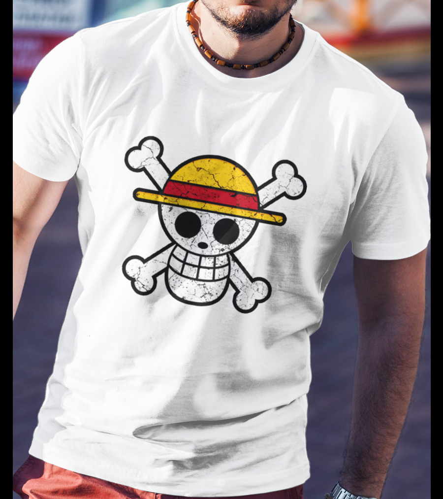 Vintage One Piece Jolly Roger Skull Wearing Straw Hat T-Shirt