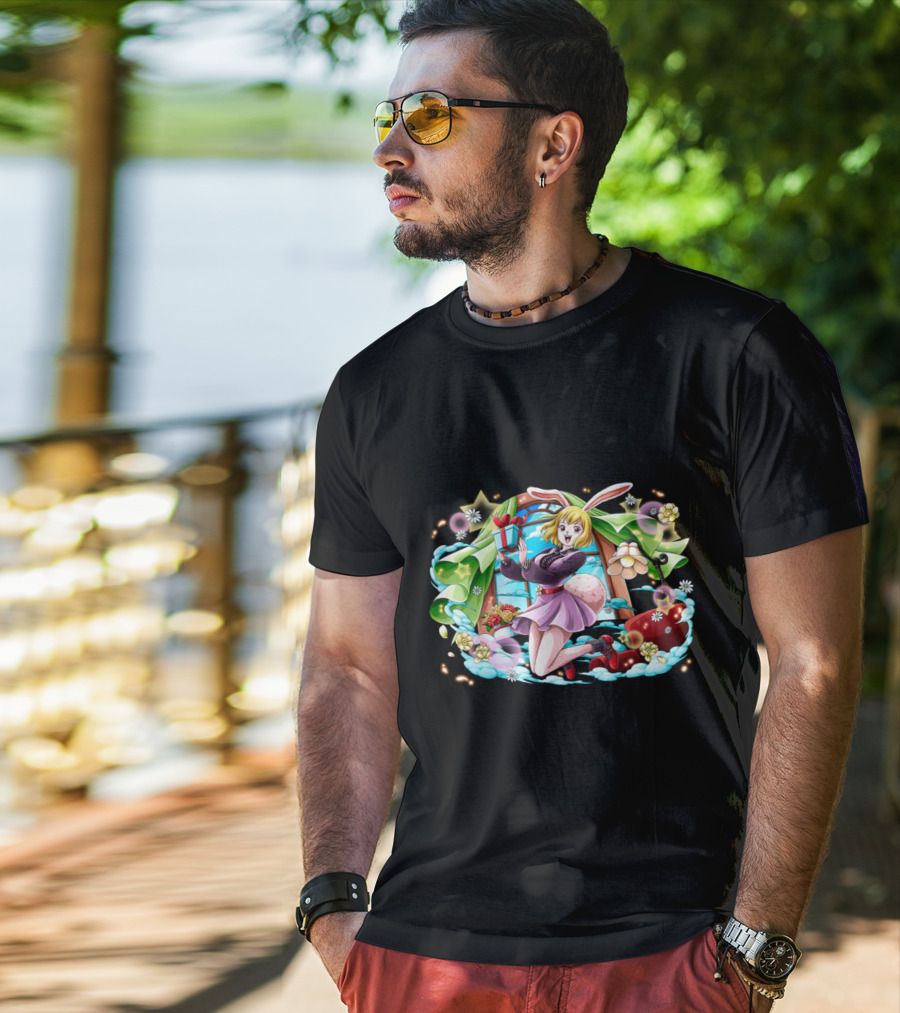 One Piece Girl Festive Bunny With Gift And Flowers T-Shirt