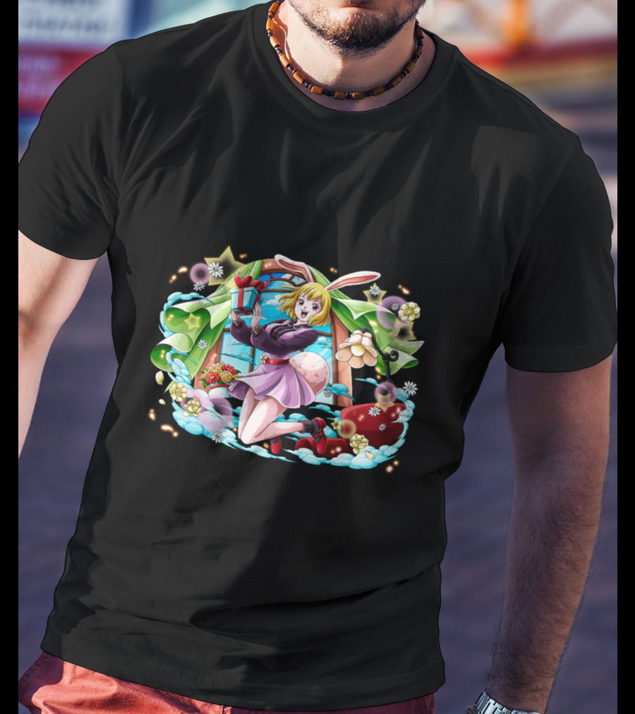 One Piece Girl Festive Bunny With Gift And Flowers T-Shirt