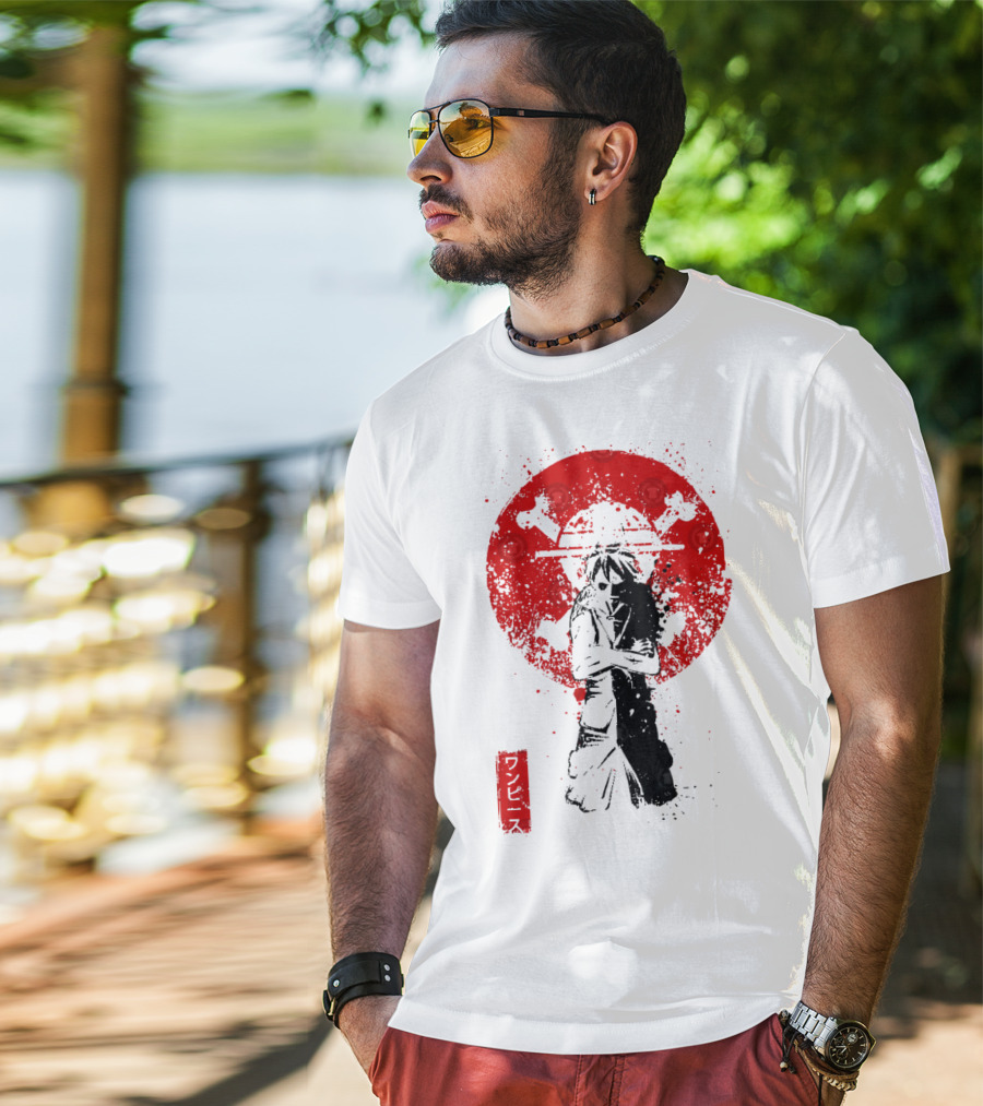 One Piece Pirate's King Splat­ter Japanese Text And Crossbones Red Circle T-Shirt