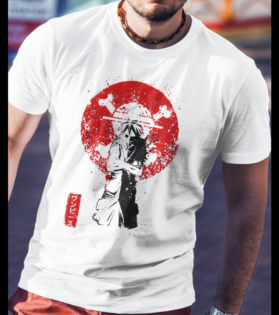 One Piece Pirate's King Splat­ter Japanese Text And Crossbones Red Circle T-Shirt