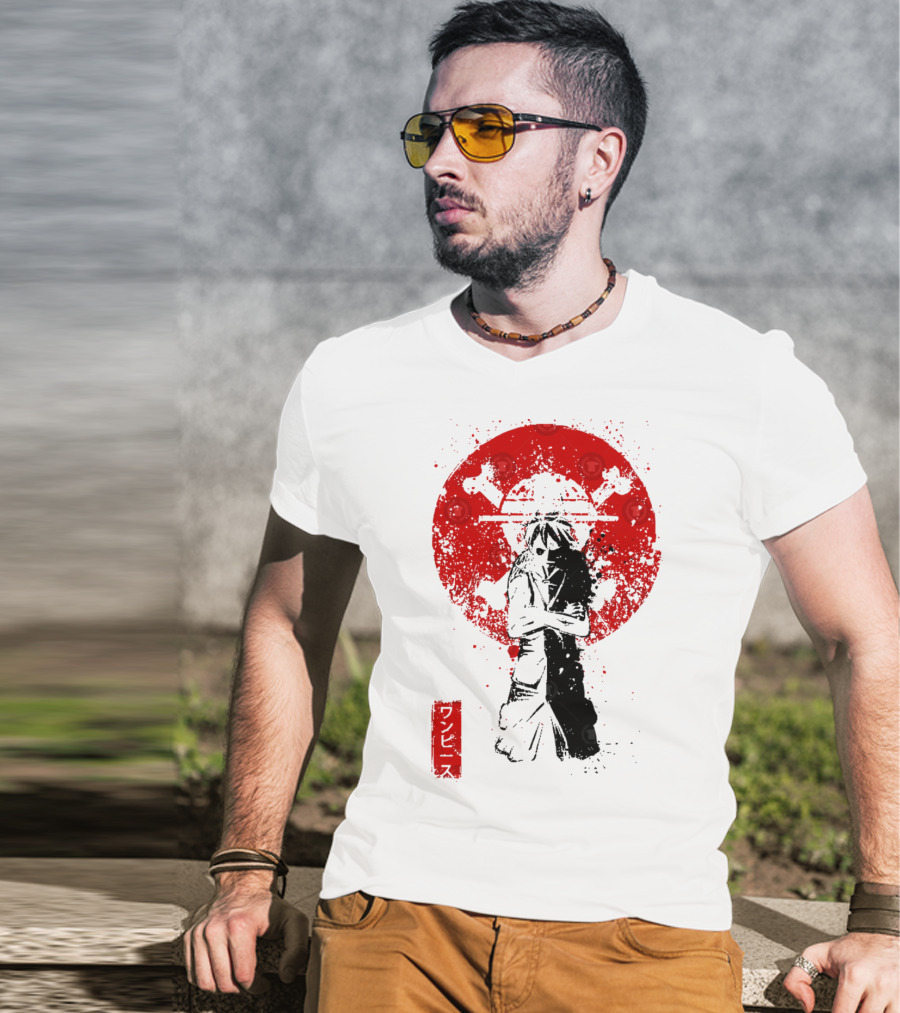 One Piece Pirate's King Splat­ter Japanese Text And Crossbones Red Circle T-Shirt