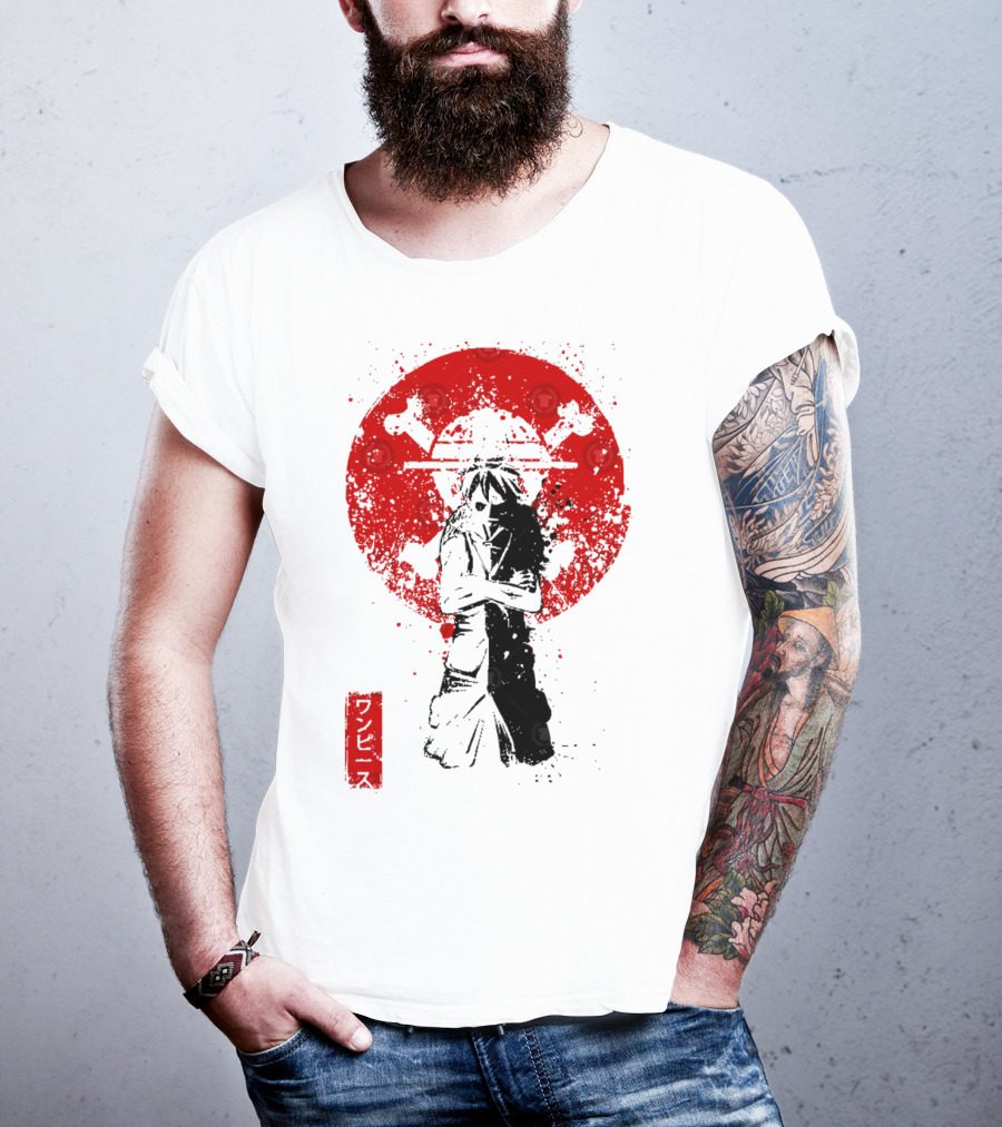 One Piece Pirate's King Splat­ter Japanese Text And Crossbones Red Circle T-Shirt