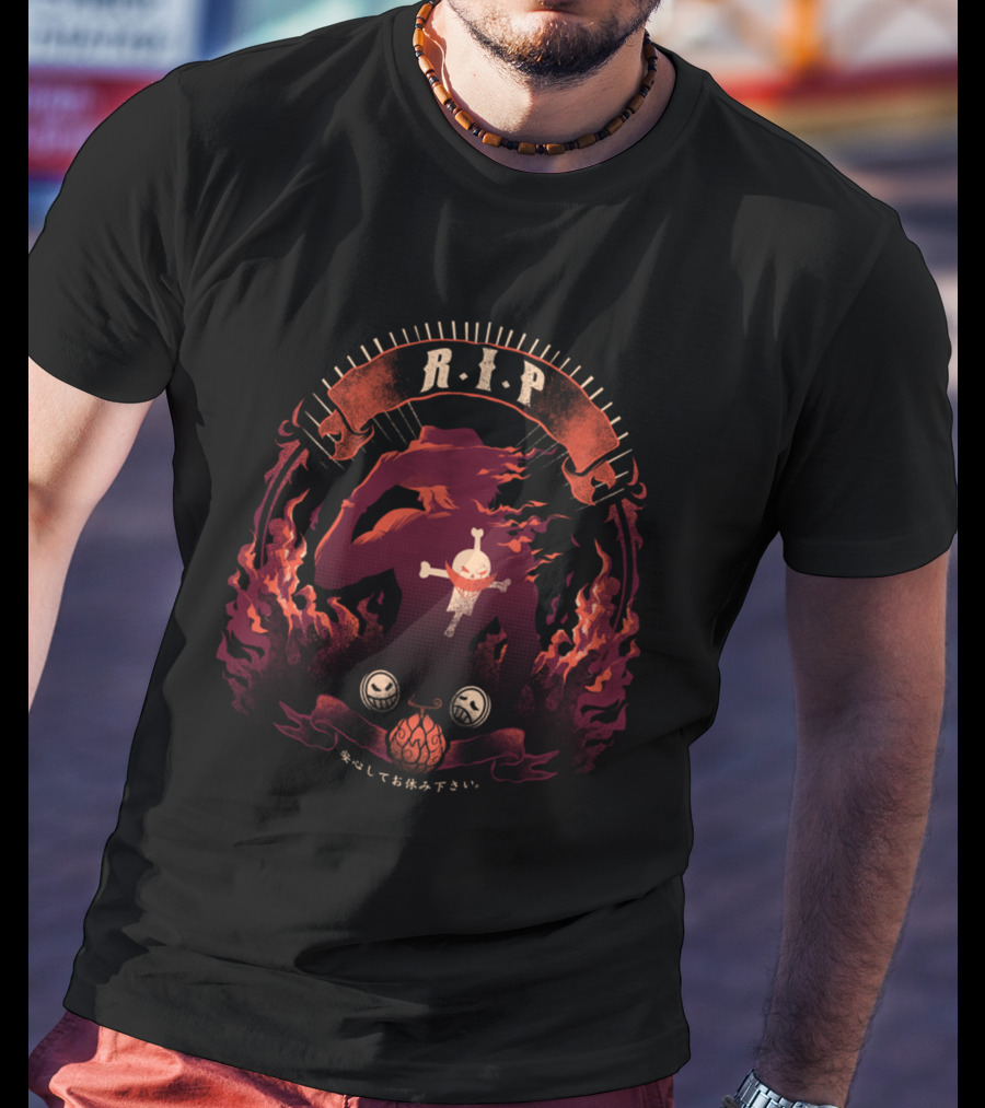 RIP Ace Fire Skull Hat Flames Japanese Text T-Shirt