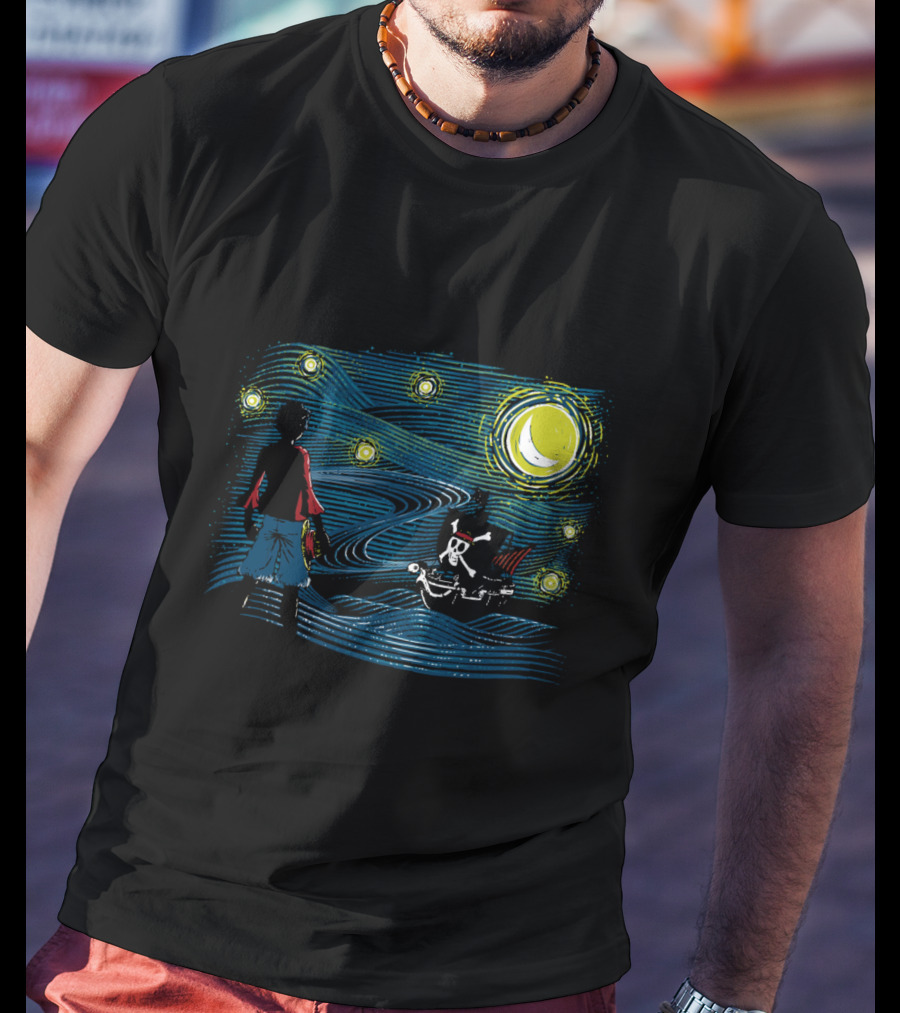 Starry Sea Voyage With Pirate Ship Under Starry Night Sky T-Shirt