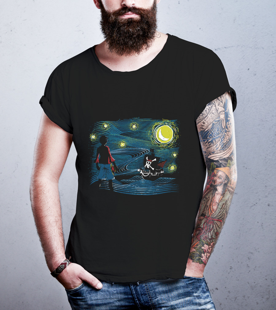 Starry Sea Voyage With Pirate Ship Under Starry Night Sky T-Shirt