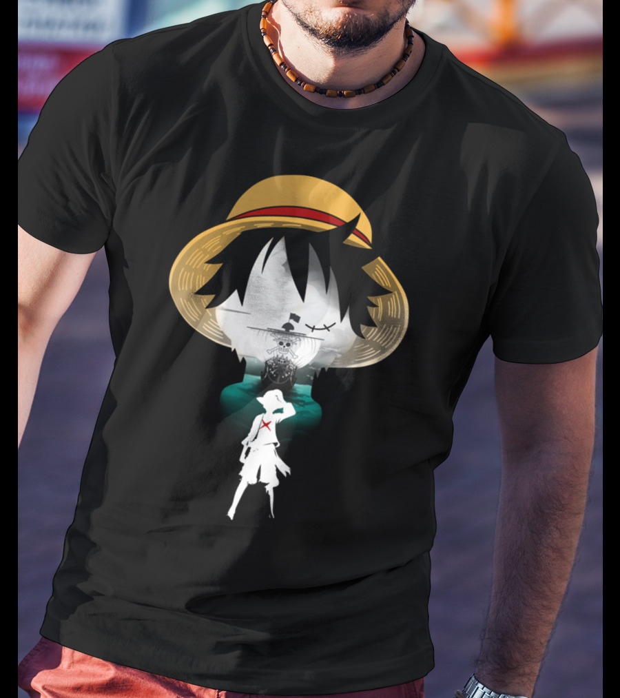 Strawhat Pirate Silhouette Design With Iconic Ship And Sea Adventure T-Shirt