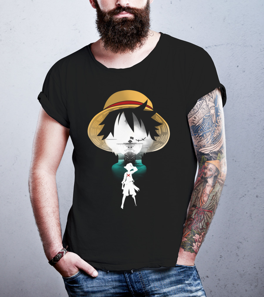 Strawhat Pirate Silhouette Design With Iconic Ship And Sea Adventure T-Shirt
