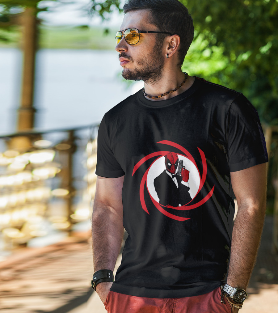 Deadpool Bond In Red Spy Spiral Suit With Gun T-Shirt