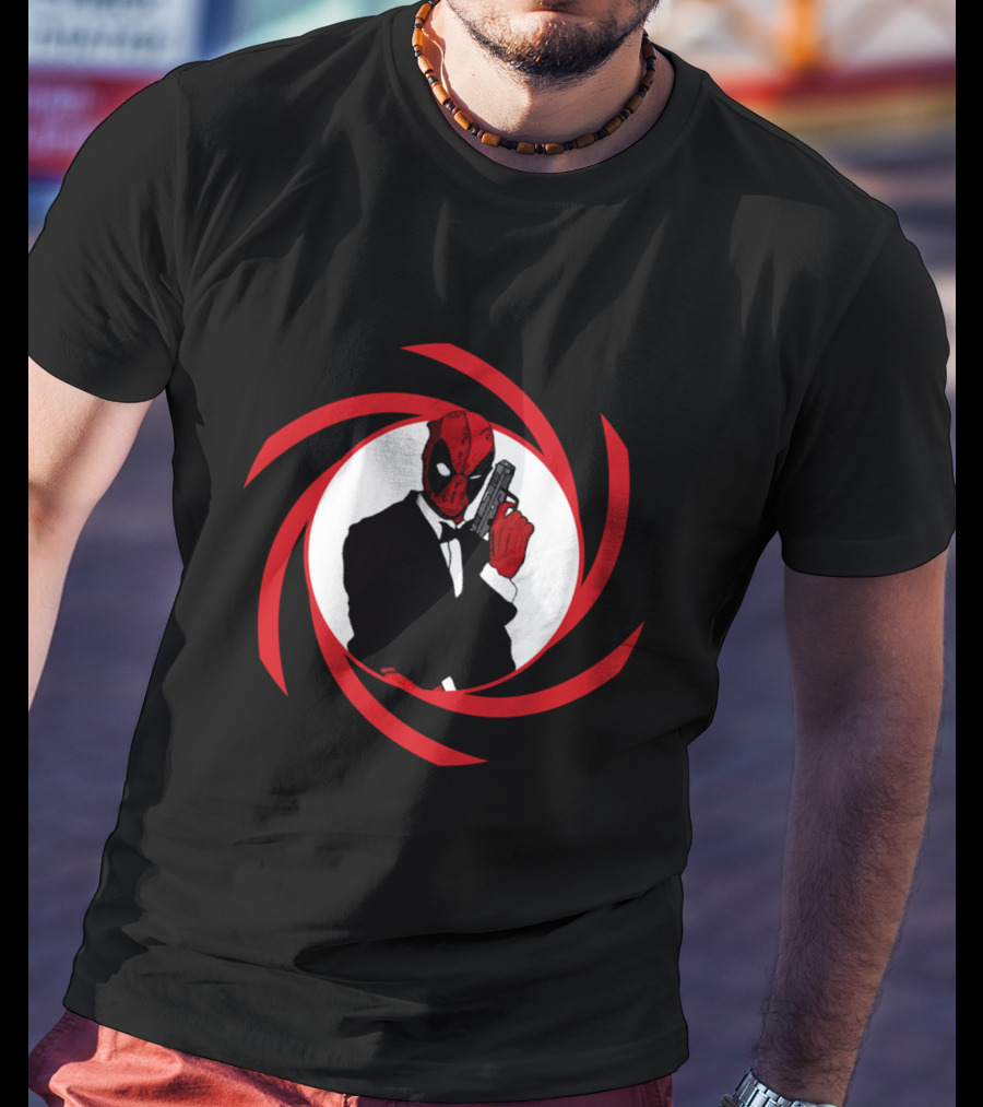 Deadpool Bond In Red Spy Spiral Suit With Gun T-Shirt