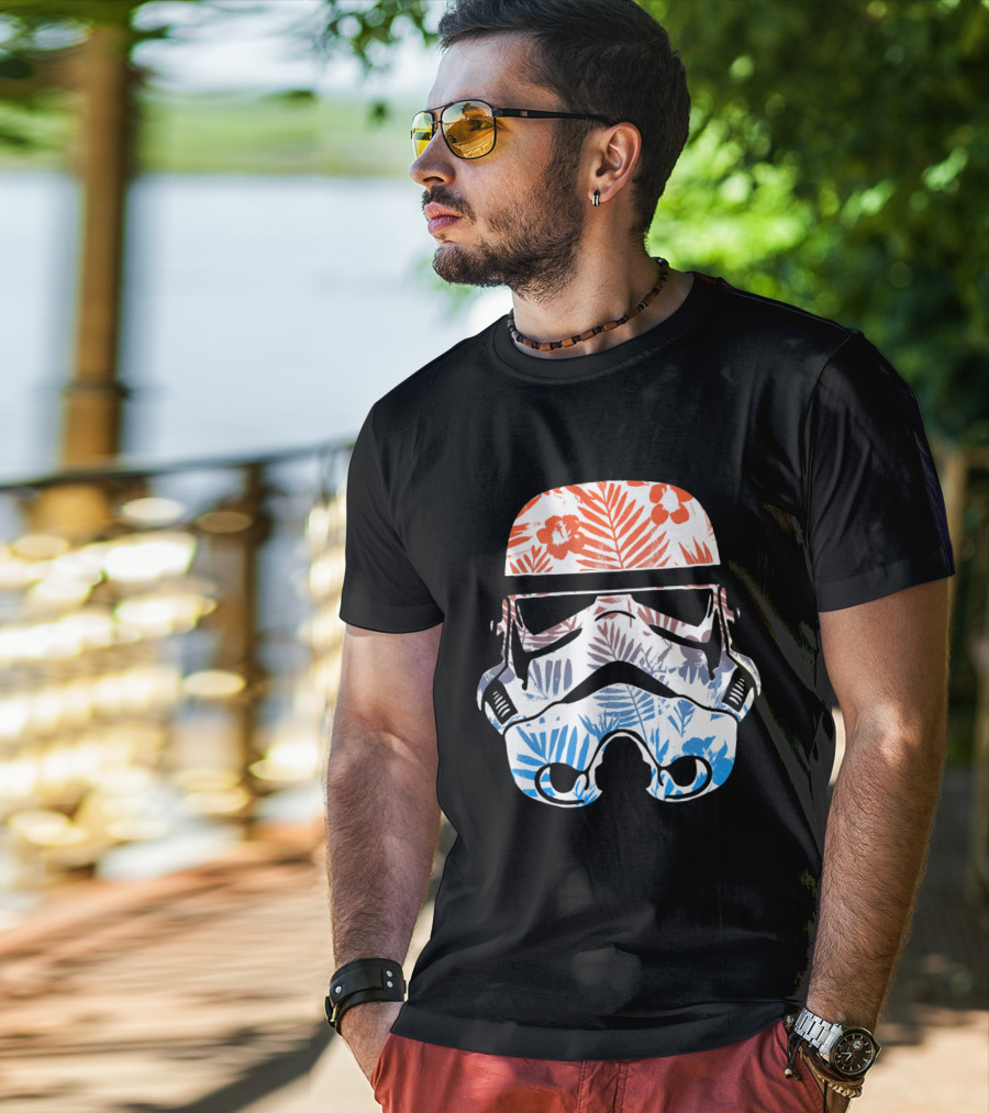 Tropical Trooper Helmet Floral Red And Blue T-Shirt
